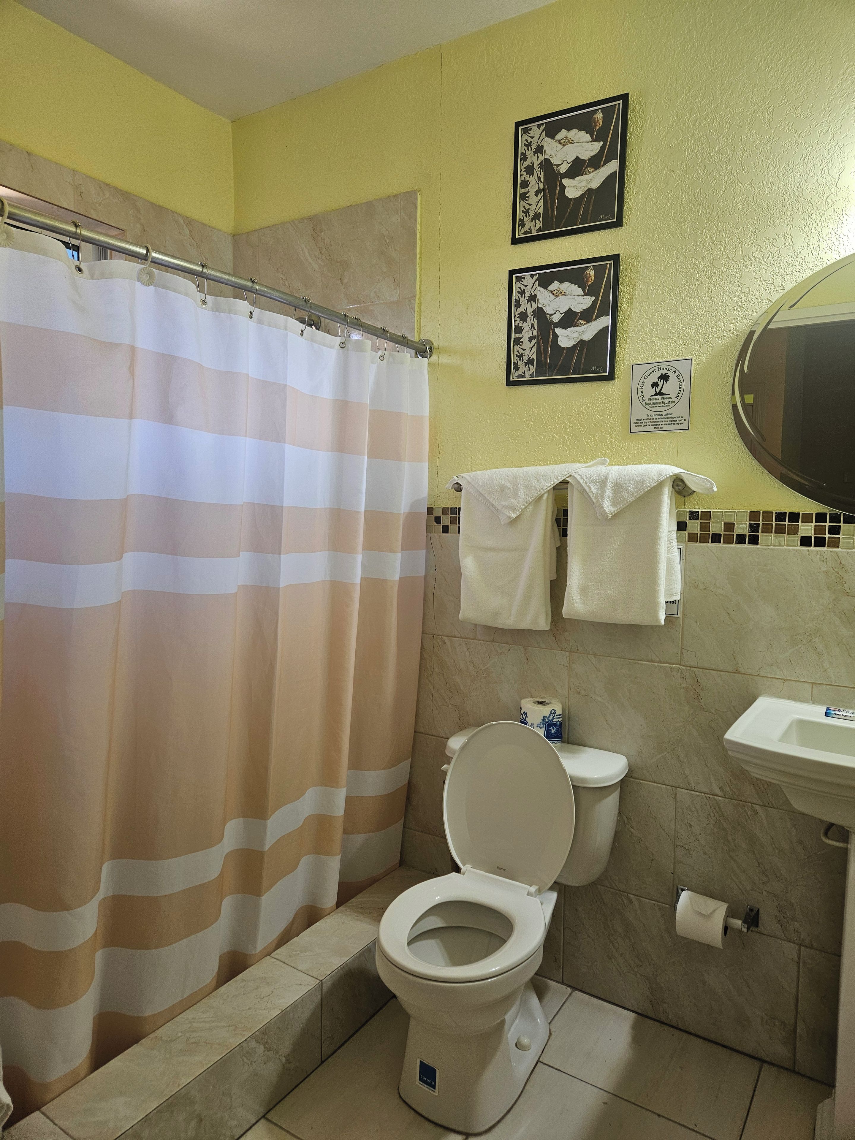 Un baño con cortina de ducha, dos toallas, un inodoro y un lavabo.