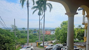 A parking area with multiple cars, a guard, and a view of a residential area with houses and palm trees.