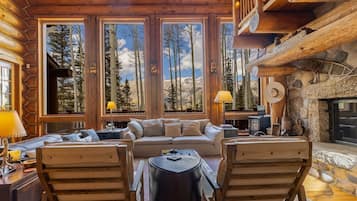 TV, fireplace, books, stereo