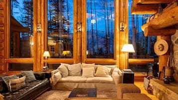 TV, fireplace, books, stereo