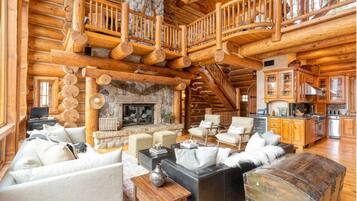 TV, fireplace, books, stereo