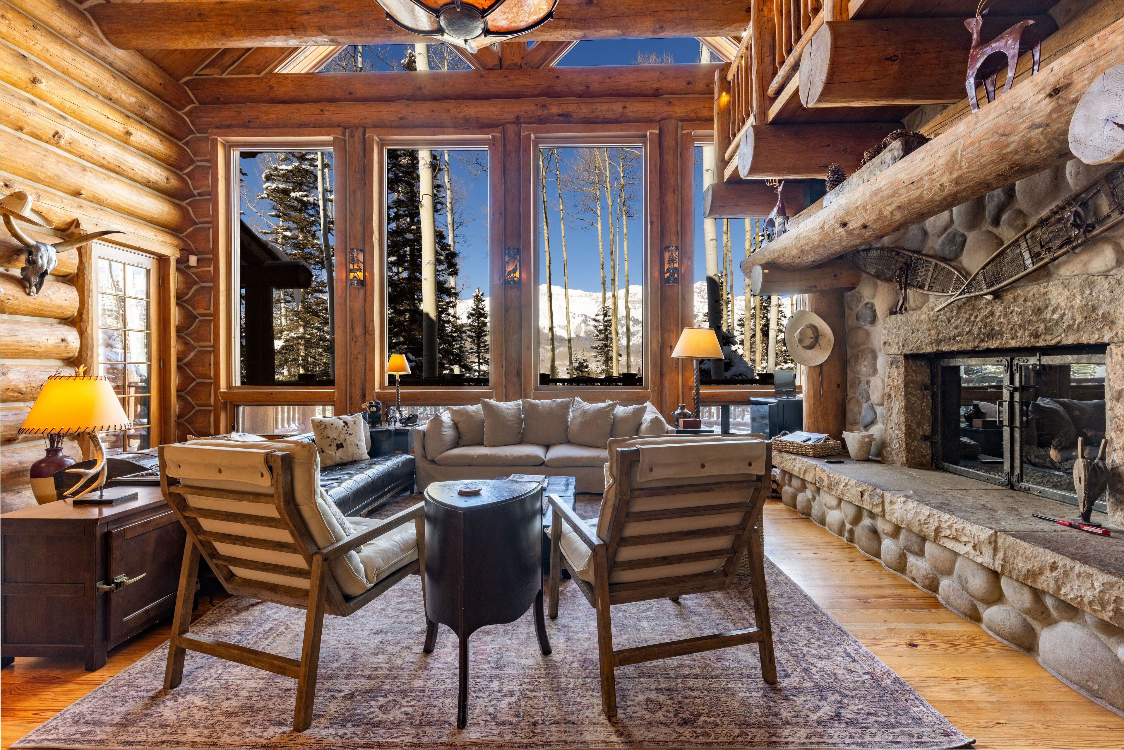 TV, fireplace, books, stereo