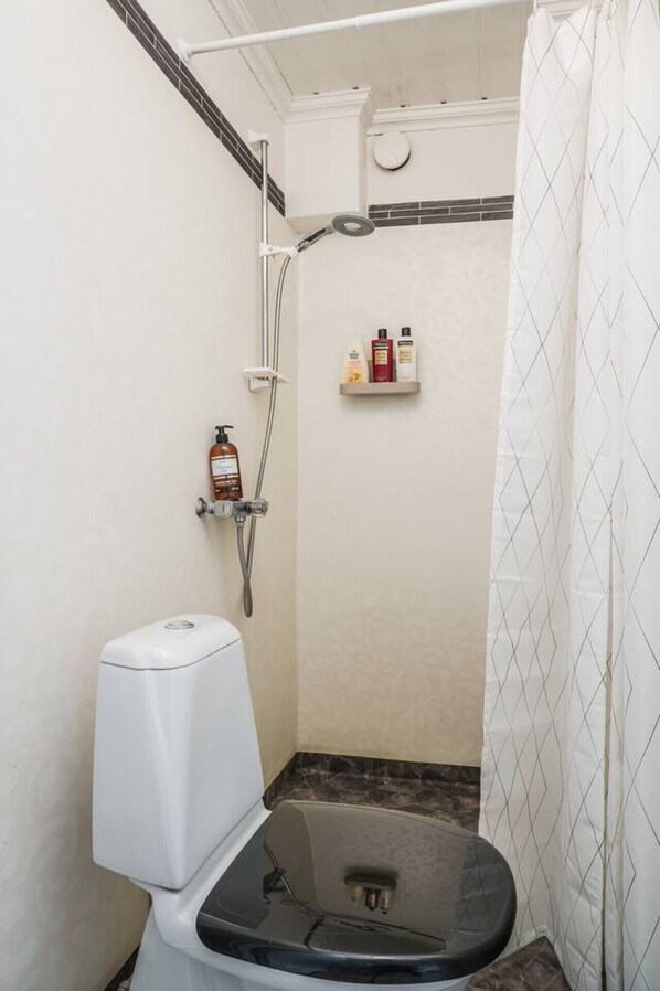 Un baño pequeño con inodoro blanco, ducha con cabezal de ducha manual y estante con artículos de aseo.