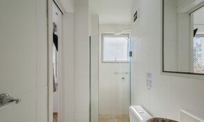 Une salle de bain avec une douche à parois de verre, des toilettes et un miroir.