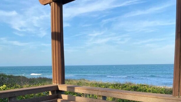 A wooden bench under a pergola overlooking the ocean.