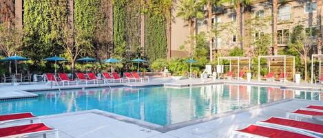A swimming pool with red and white lounge chairs, surrounded by a tall wall of greenery and palm trees.