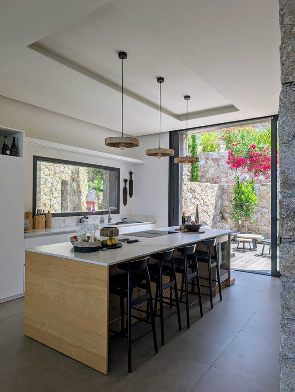 A modern kitchen with a large island, pendant lights, and a view of a garden with red flowers.