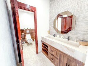 Hair dryer, towels, soap, toilet paper
