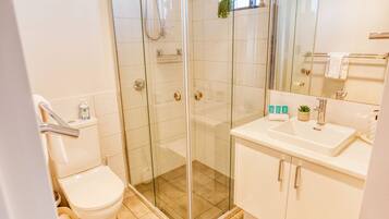 Shower, hair dryer, towels