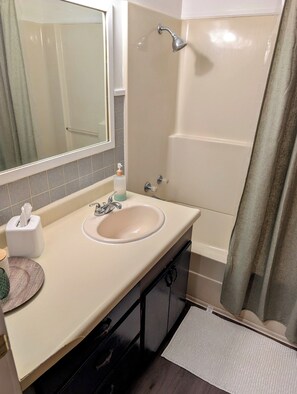 Secadora de cabello, toallas, jabón, papel de baño