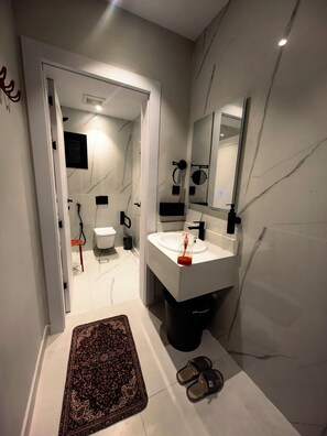 Haartrockner, Handtücher, Seife, Toilettenpapier