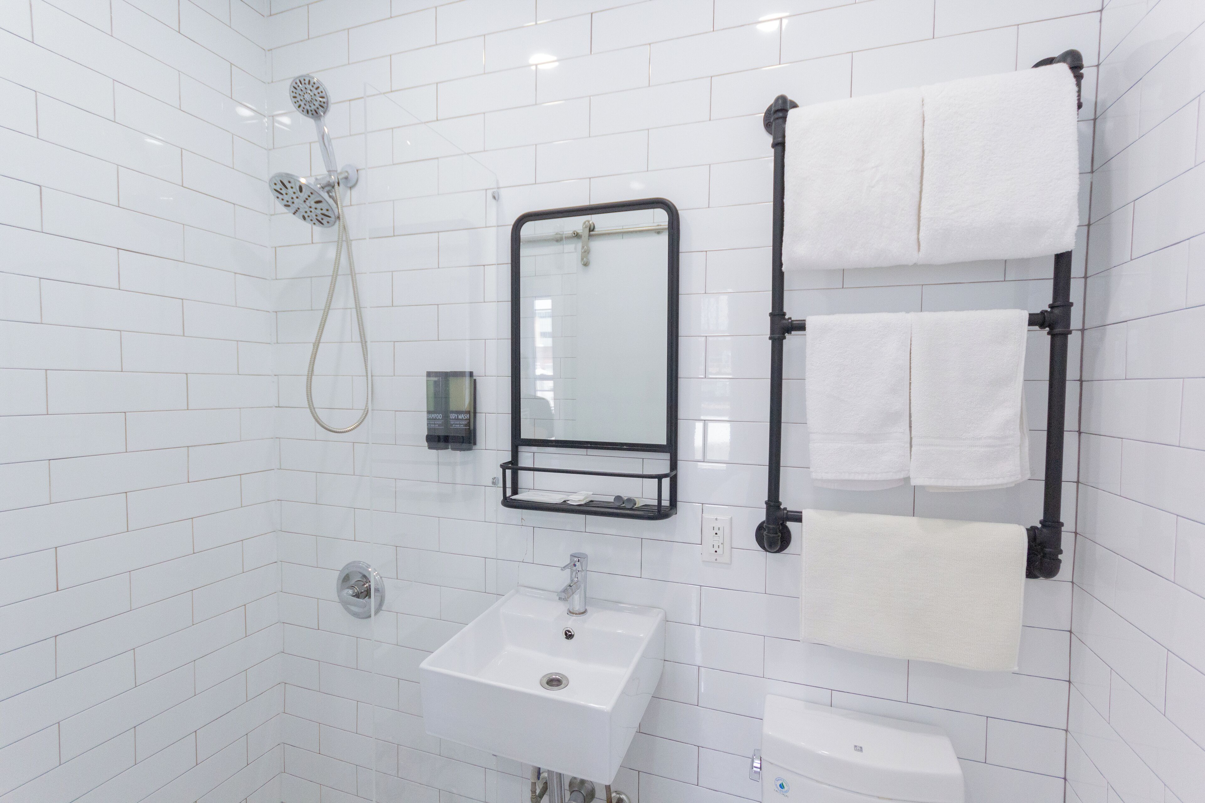 Shower, free toiletries, hair dryer, towels