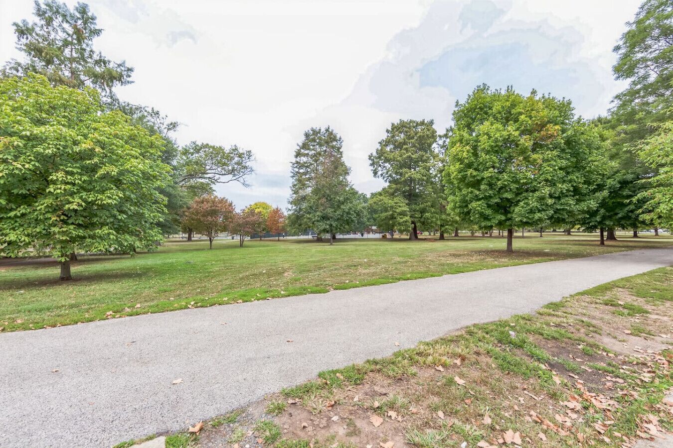 Ein gepflasterter Weg in einem Park mit Bäumen und Rasenflächen.