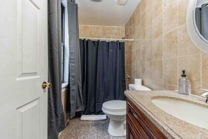 Hair dryer, soap, shampoo, toilet paper