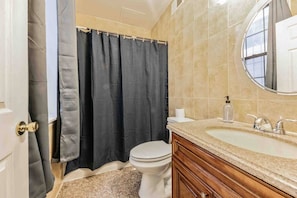 Hair dryer, soap, shampoo, toilet paper