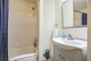 Een badkamer met een bad, een wastafel, een spiegel en een douche.