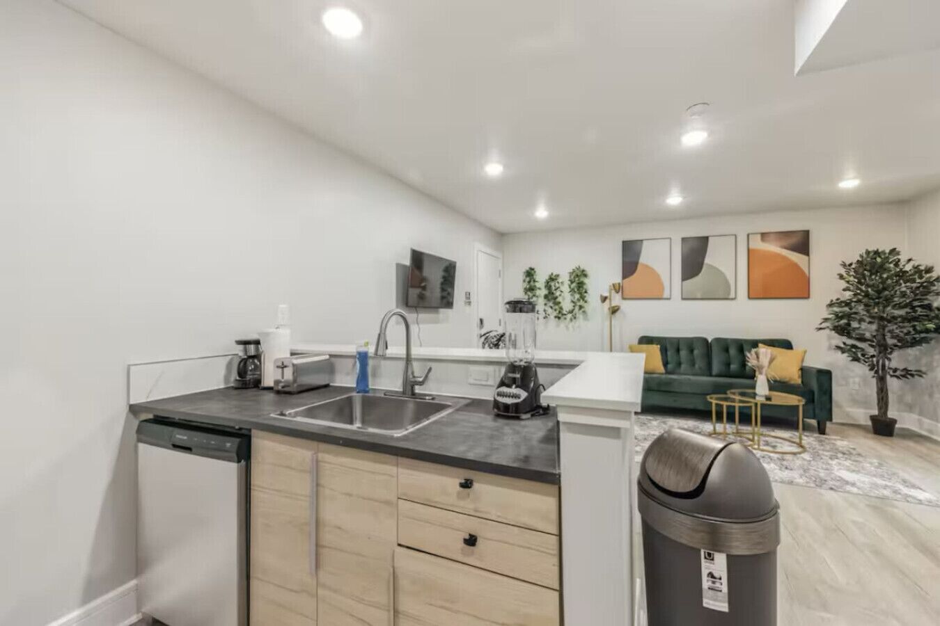Een moderne keuken met een spoelbak, vaatwasser en blender. In de woonruimte staat een groene bank en een kleine tafel.