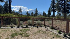 A fenced garden with a view of a mountain. - Charming 2-bedroom house private setting with amazing Mt. Shasta view (Weed)