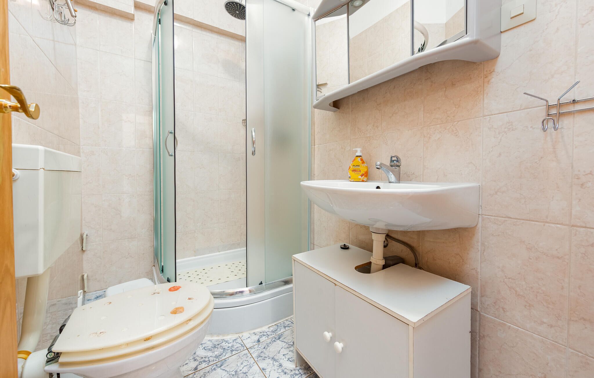 A bathroom with a glass-enclosed shower, a white sink with a soap dispenser, and a toilet with a decorative lid.