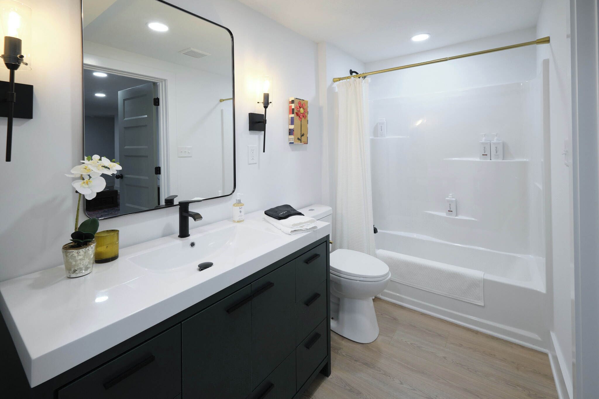 Hair dryer, towels, soap, shampoo