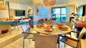 Deluxe Apartment, Multiple Beds, Private Pool, Sea View | Dining