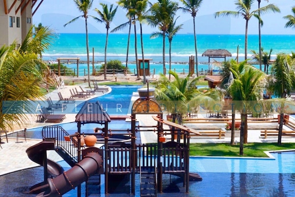 7 albercas al aire libre, acceso de 09:00 a 19:00, y camastros