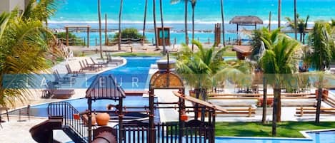 7 outdoor pools, open 9:00 AM to 7:00 PM, sun loungers