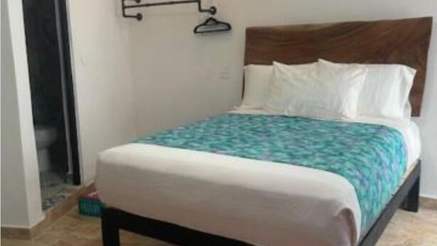 A bedroom with a bed, a hanging light fixture, a wall-mounted air conditioner, and a door. - Spanish Moon PV - # 9 Queen Room, refrig. , micro.,coffee maker, pool, WiFi, TV (Puerto Vallarta)