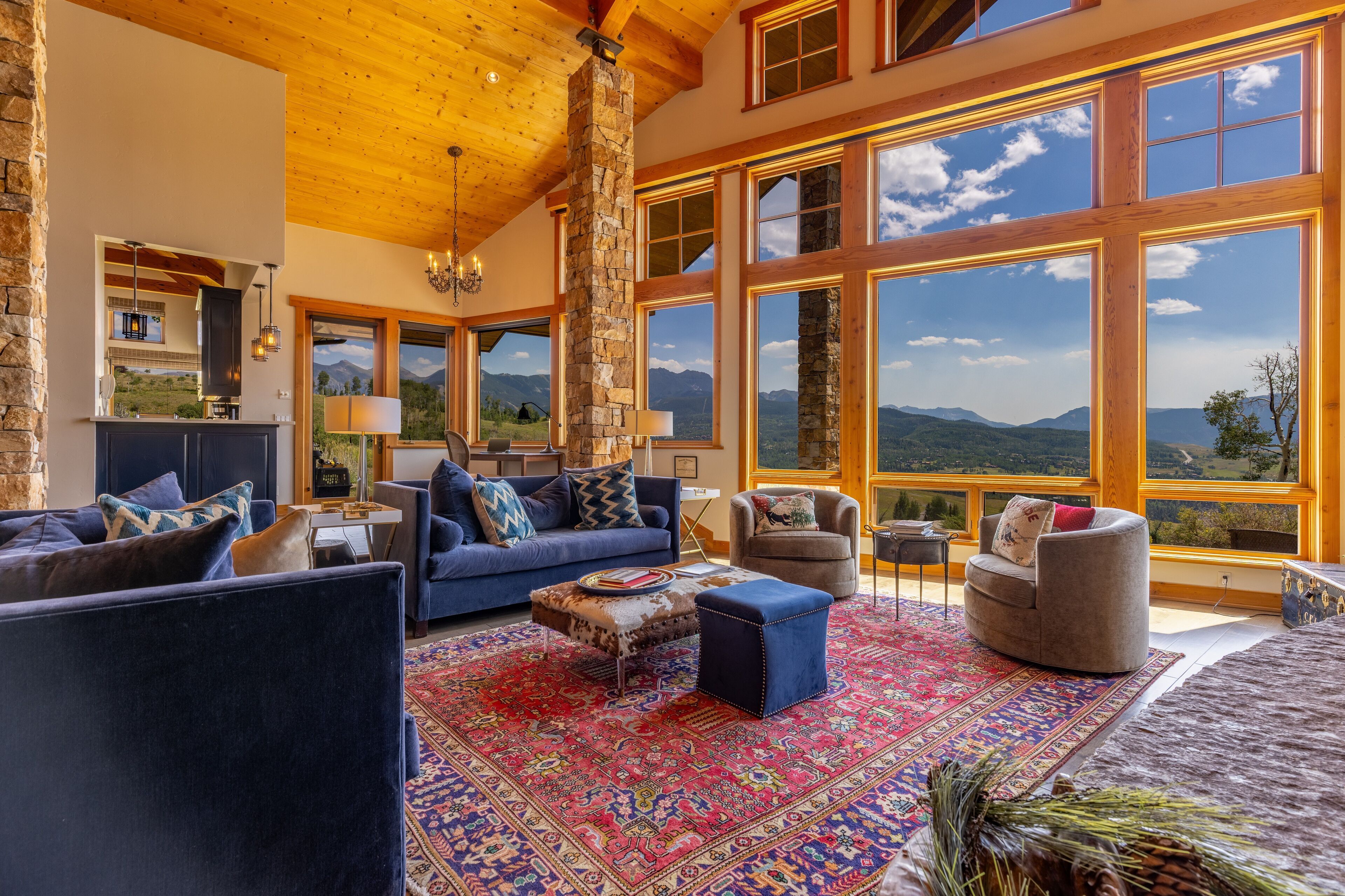 TV, fireplace, books, stereo