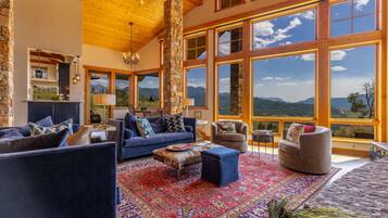 TV, fireplace, books, stereo