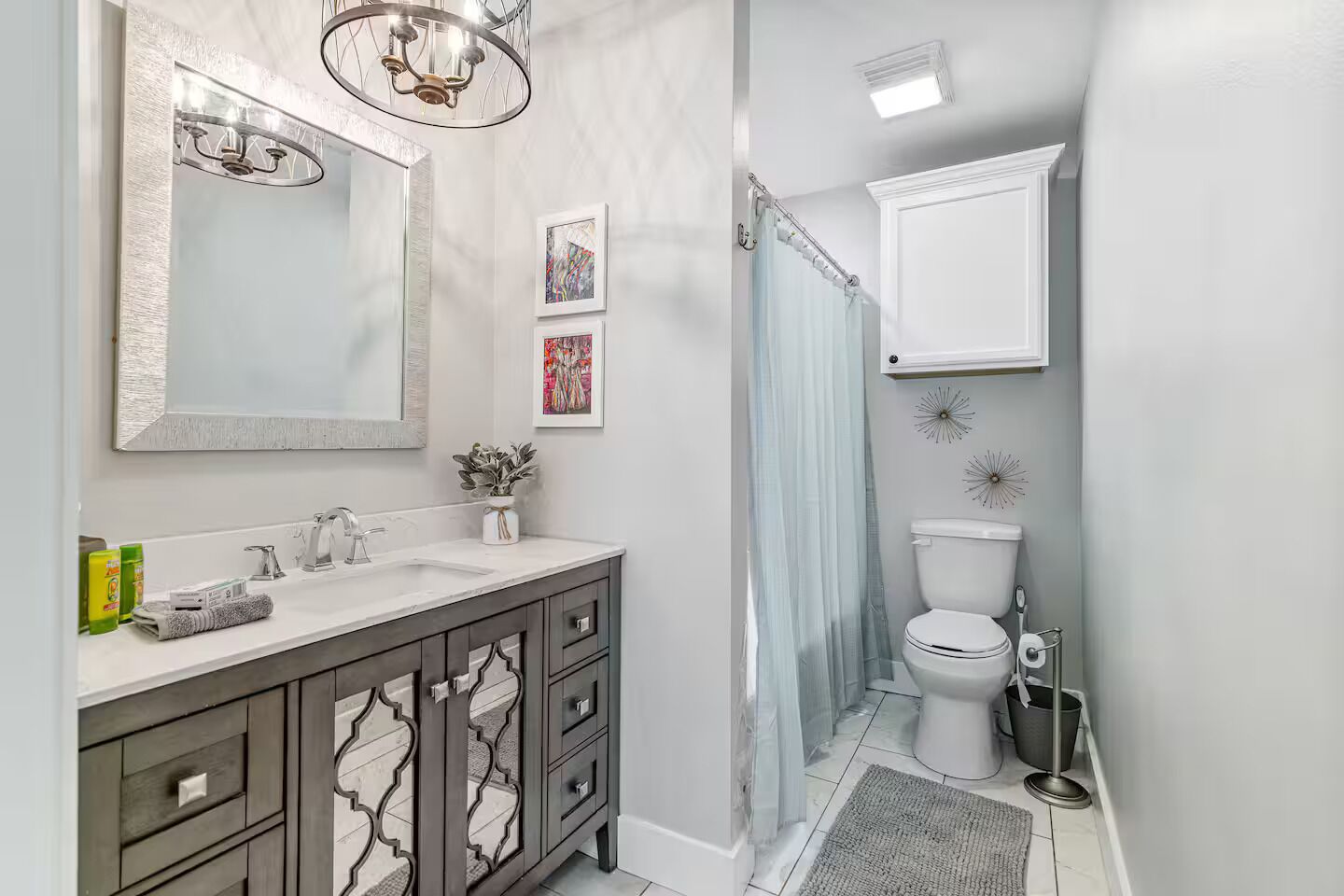 Hair dryer, towels, soap, shampoo