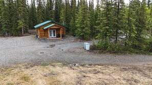 A log cabin with a green roof, a gravel driveway, and a forested backdrop.