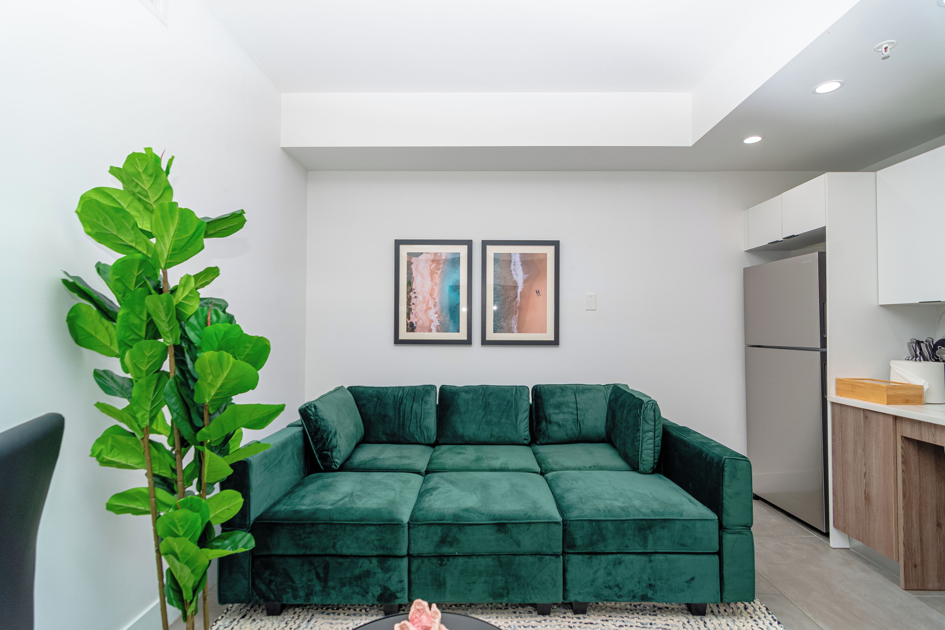 Ein modernes Wohnzimmer mit einem grünen Sofa, einer Topfpflanze und einer Küchenzeile mit weißen Schränken und einem Kühlschrank.