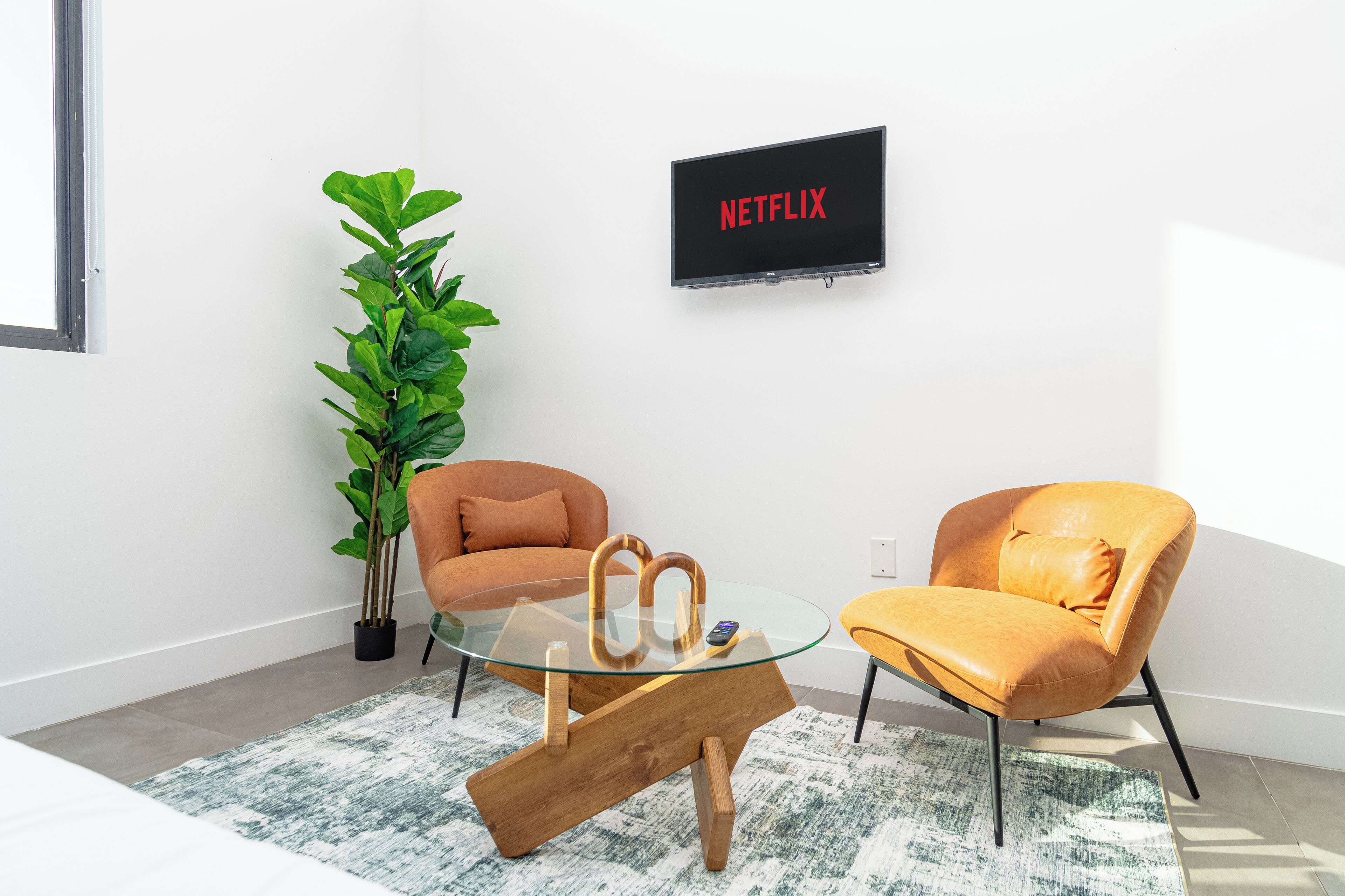 A modern living room with a glass coffee table, two leather armchairs, a potted plant, and a wall-mounted TV displaying "NETFLIX".