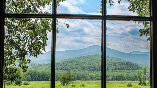 Une vue à travers une fenêtre à carreaux, qui révèle un paysage verdoyant avec des arbres et des montagnes lointaines.