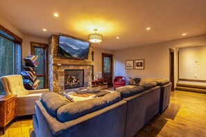 Télévision, cheminée, livres, chaîne hi-fi