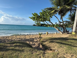 On the beach, sun-loungers, beach towels