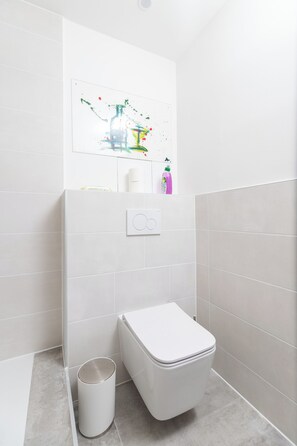 Douche, sèche-cheveux, serviettes fournies, savon