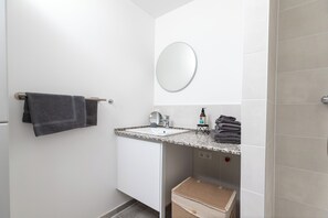 Shower, free toiletries, hair dryer, towels