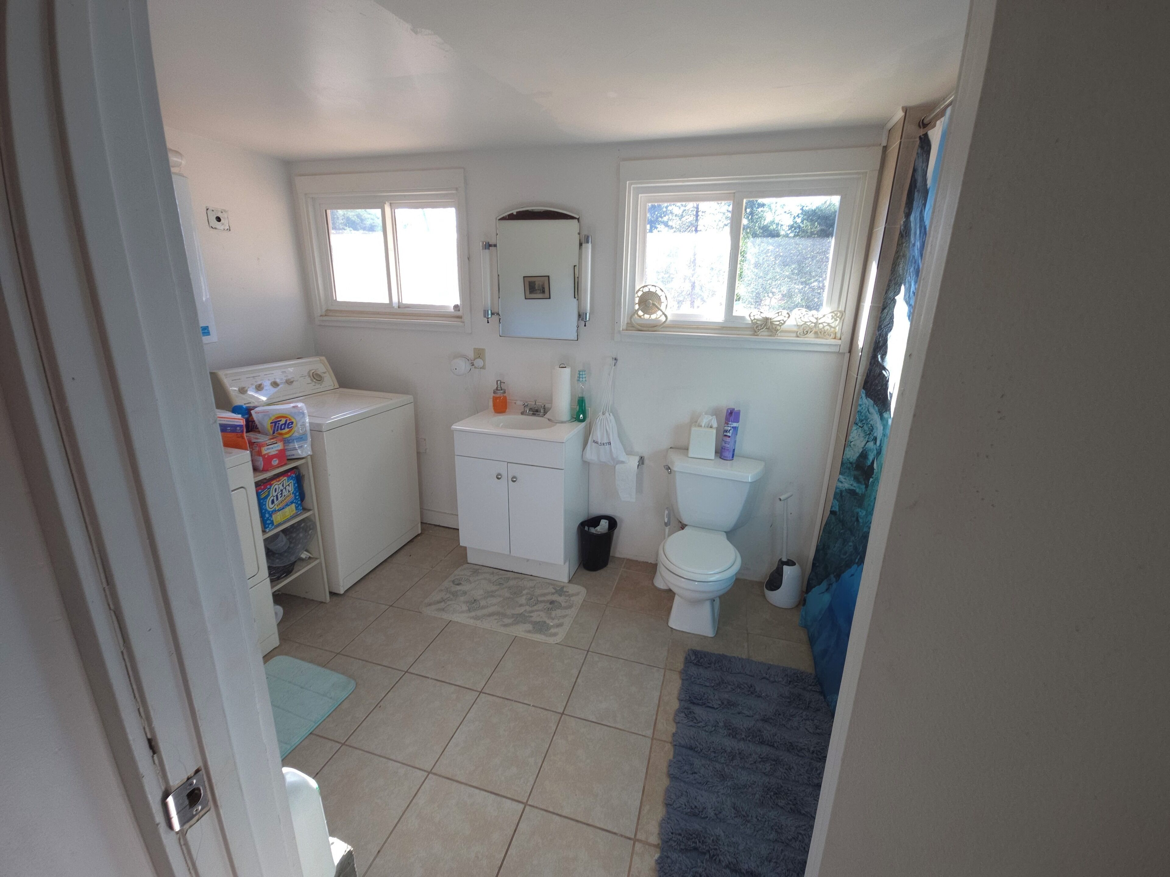 Hair dryer, towels, soap, toilet paper