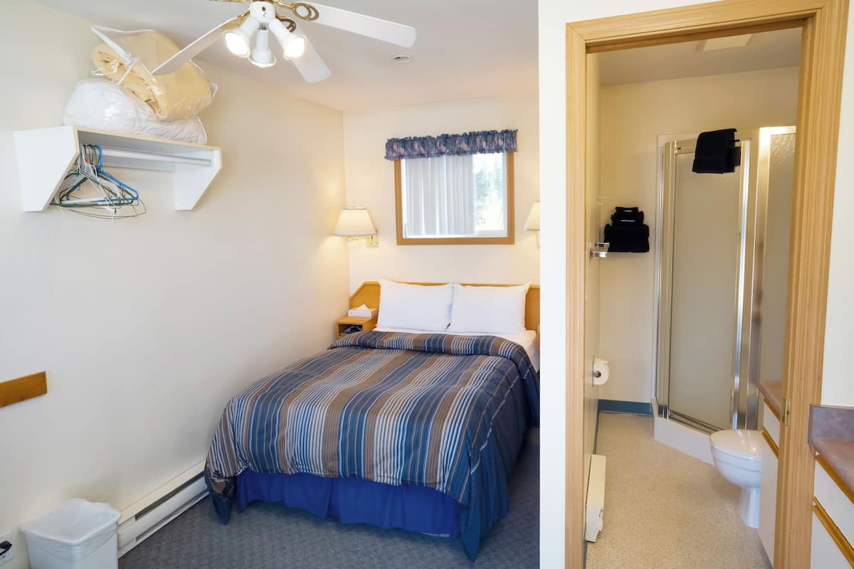 A hotel room with a bed, a nightstand, a window with curtains, a shower area, and a toilet.