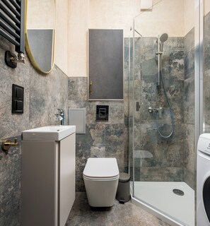 Shower, free toiletries, hair dryer, towels