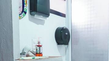 Hair dryer, towels, soap, toilet paper