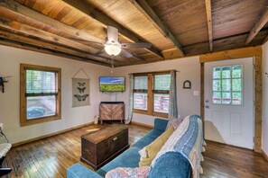 Smart TV, fireplace, books