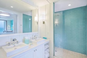 Hair dryer, towels, soap, shampoo