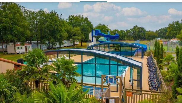 Un área de piscina con tobogán de agua, rodeada de palmeras y un cielo despejado.