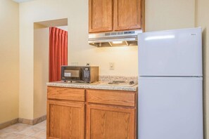 Full-size fridge, microwave, stovetop, freezer