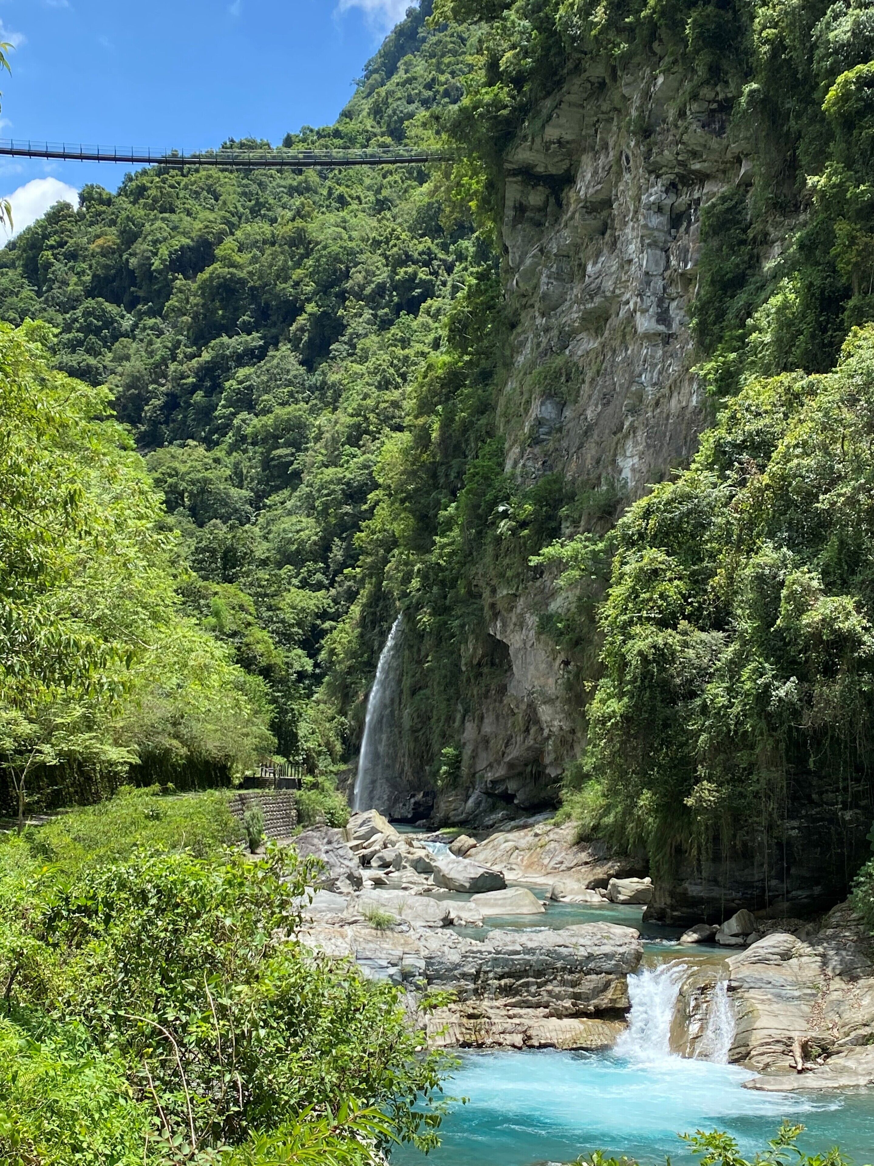 A natural landscape with a waterfall, rocky terrain, and dense greenery.