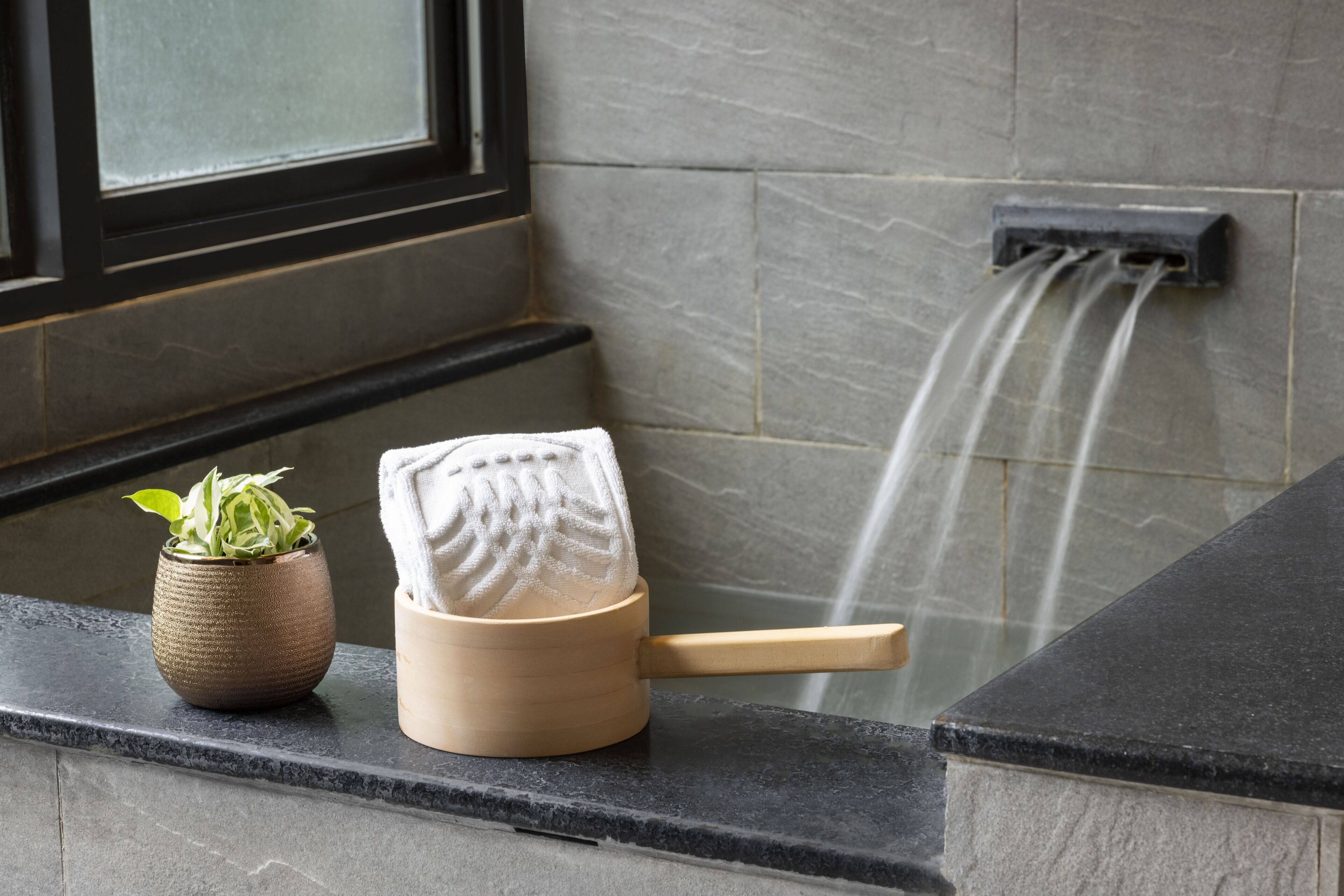 Un baño con lavamanos, una toalla y una planta en maceta.