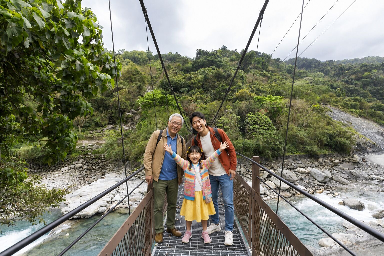 A suspension bridge with a river below, surrounded by greenery.